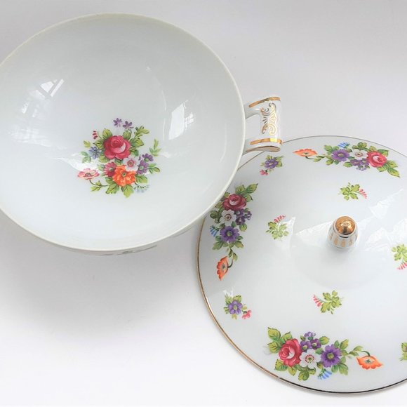 Sango China Covered Bowl Toureen 10" Japan Dresden Flowers Bouquet Gold VTG Mint - Picture 2 of 10